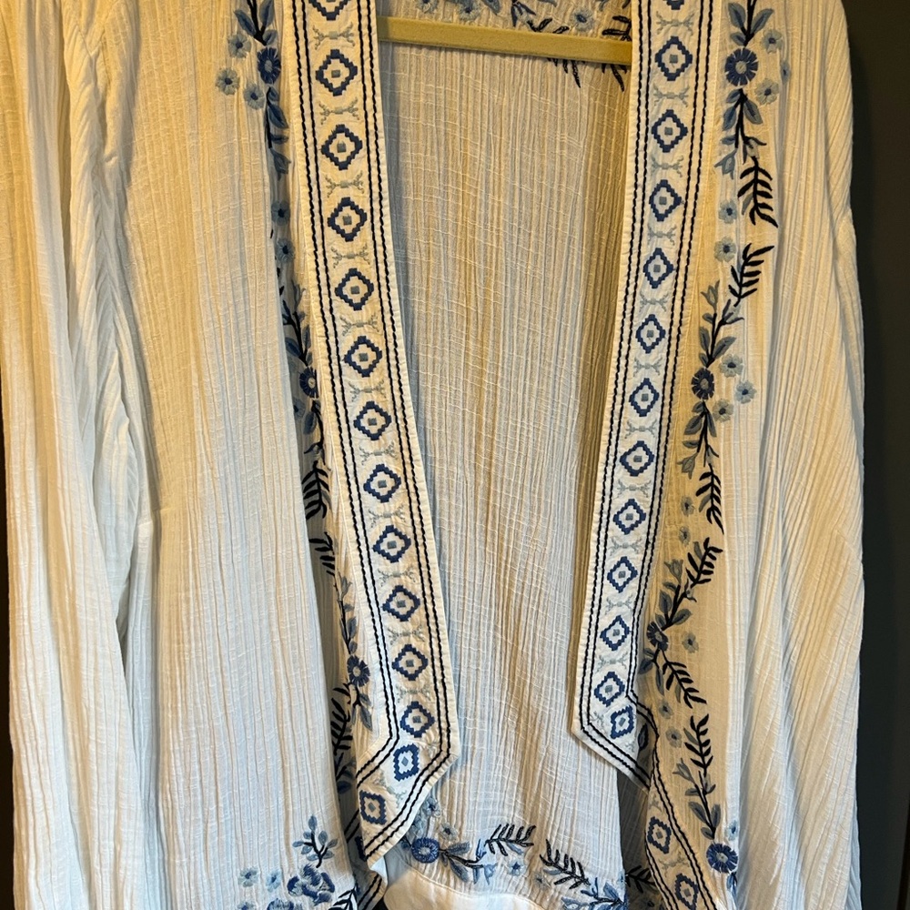 J. Jill White Open-Front Jacket with Blue Embroidered Trim